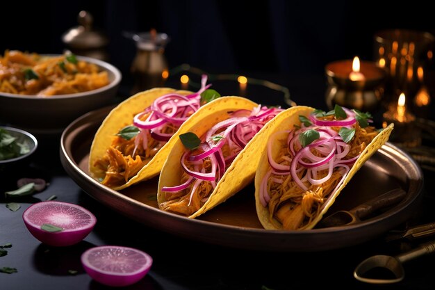 Elegante exhibición de tacos de carnitas de jaca vegana con cebollas encurtidas