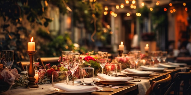 Una elegante experiencia gastronómica al aire libre rodeada de exuberante vegetación y cálidas luces brillantes