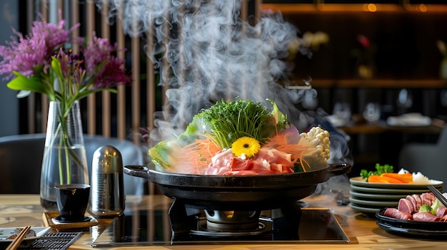 Foto elegante experiencia gastronómica shabushabu con olla caliente al vapor e ingredientes vibrantes