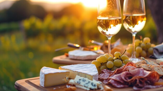 Elegante extensión al aire libre de queso de vino y uvas al atardecer en el viñedo