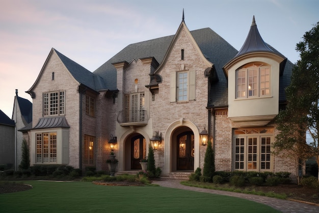 Elegante exterior tudor com elaborados arcos e colunas de guarnição de janela