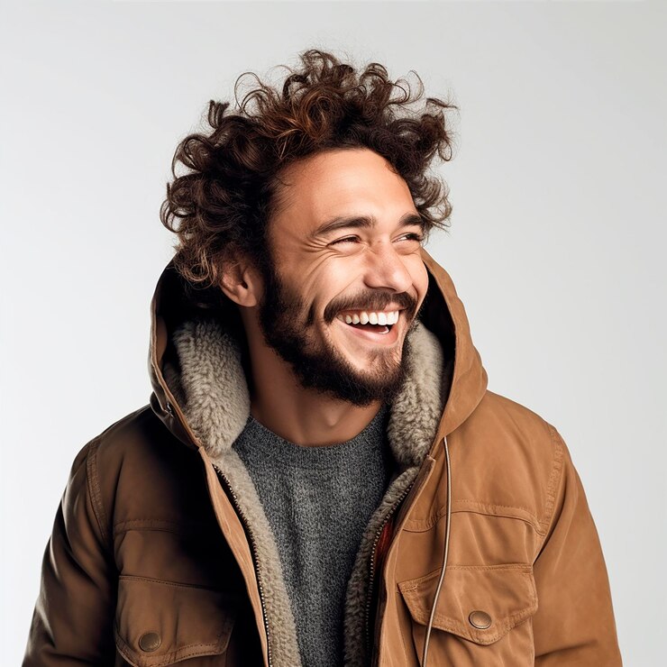 Foto elegante feliz homem caucasiano bonito jovem em roupas de inverno sorrindo
