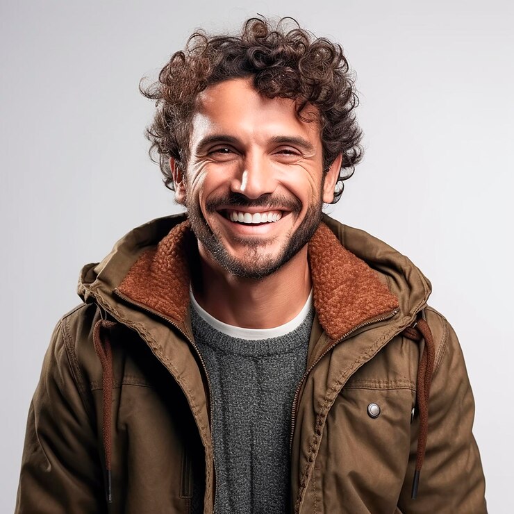 Foto elegante feliz homem caucasiano bonito jovem em roupas de inverno sorrindo