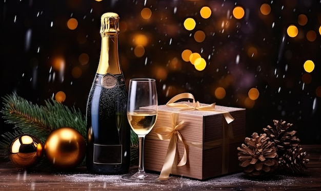 Elegante Festszene mit einer luxuriösen Geschenkbox und einer Champagnerflasche, die an ein festliches, opulentes Weihnachts-KI-Generativ erinnern