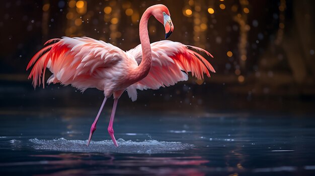 El elegante flamenco rosado vadeando en aguas serenas al anochecer