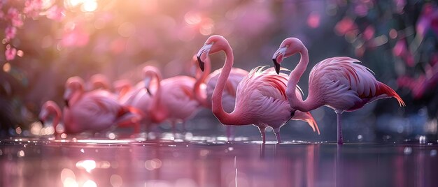 Elegante Flamingos, die anmutig in flachen Gewässern wandern Konzept Wildlife Photography Naturszenen Tierporträts Wassereflexionen