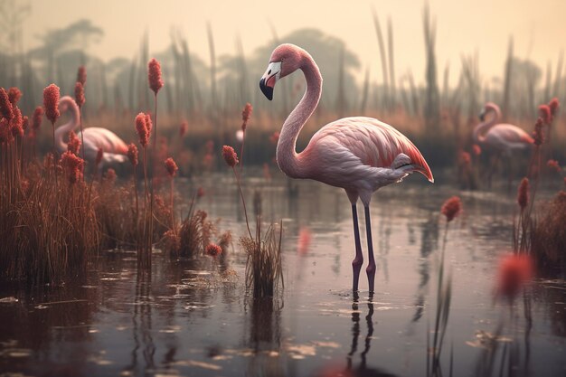 Elegante Flamingos waten durch uralte Sümpfe o 00250 02