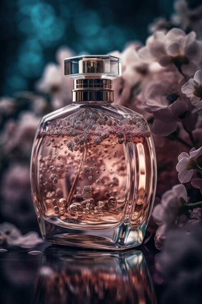 Foto elegante flasche mit luxus-parfüm auf einem hintergrund von blumen delikater weiblicher duft