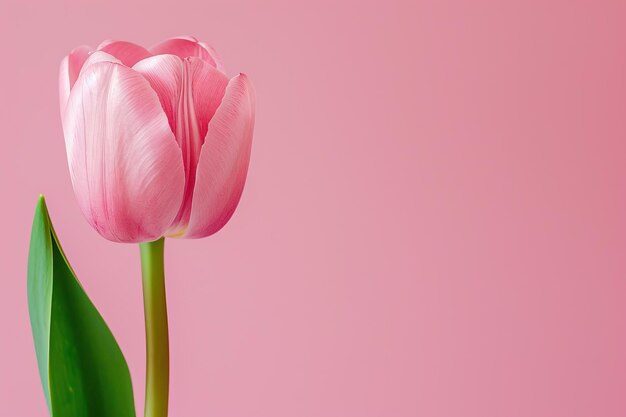 Elegante flor de tulipa rosa-branca erguida com folhas verdes contra um fundo rosa suave