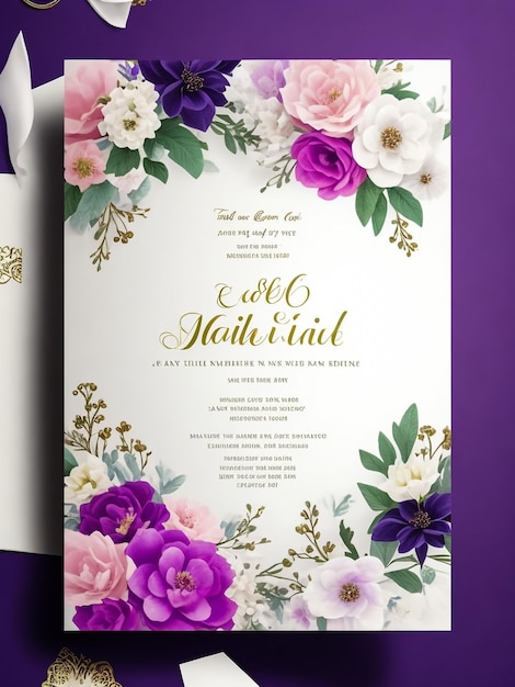 elegante flor y hojas plantilla de tarjeta de invitación de boda