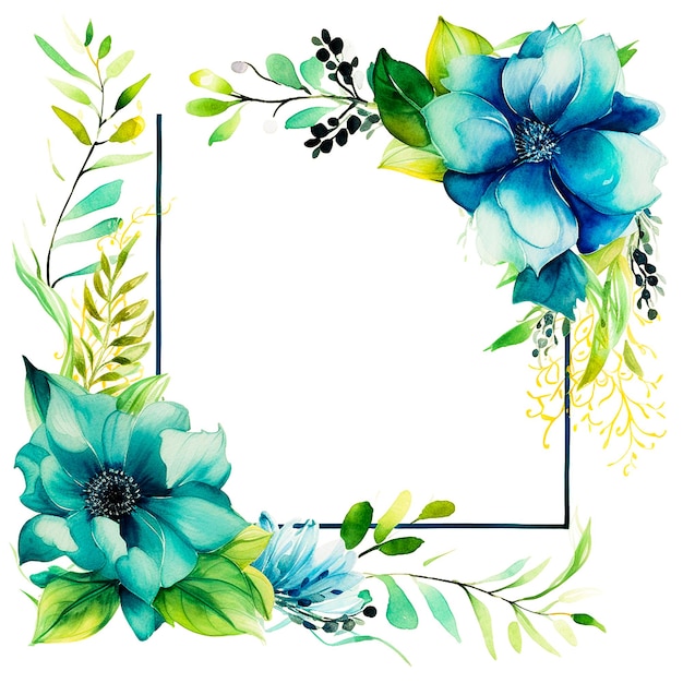 elegante floral com flores macias aquarela azul moldura floral com círculos gerados por AI