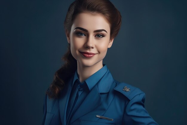 Elegante Flugbegleiterin in blauer Uniform gegen grauen Hintergrund Generative KI