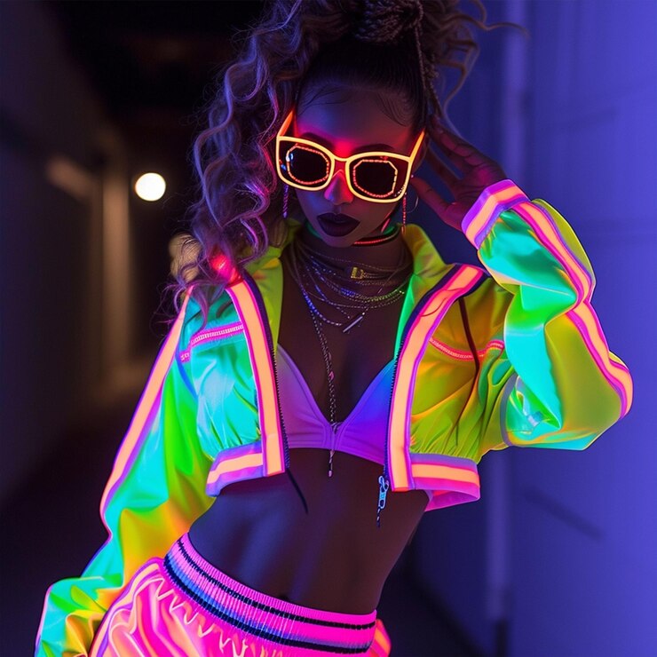Una elegante fluorescente de colores brillantes luminescentes deportes de moda ropa para mujeres del futuro