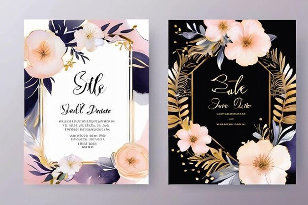 Elegante fondo abstracto plantilla de tarjeta de invitación de boda con decoración de acuarela floral y dorada para guardar la fecha