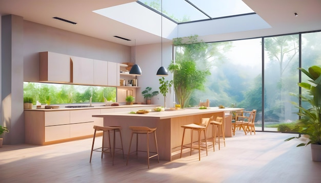 Elegante fondo de cocina con acentos de madera y azulejos ventana de vista al jardín en 3D