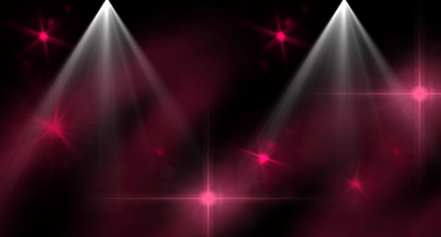 Elegante fondo de escenario con focos y efectos de estallido de estrellas rosas