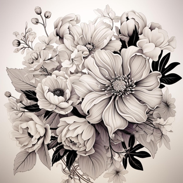 Elegante fondo de flores en blanco y negro monocromo Ilustración floral IA generativa