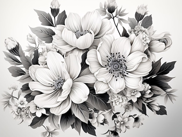 Elegante fondo de flores en blanco y negro monocromo Ilustración floral IA generativa