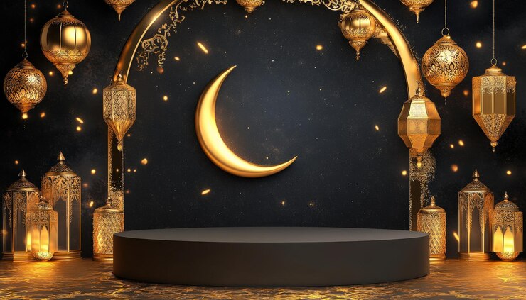 Elegante fondo de Ramadán linternas doradas media luna y pódium de exhibición oscura