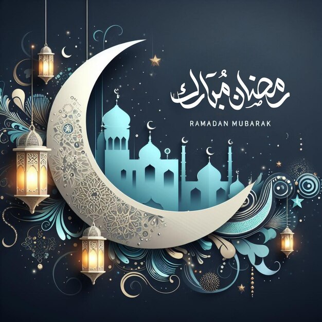 Elegante fondo de Ramadán Mubarak con linterna de mezquita de luna de plata con caligrafía árabe