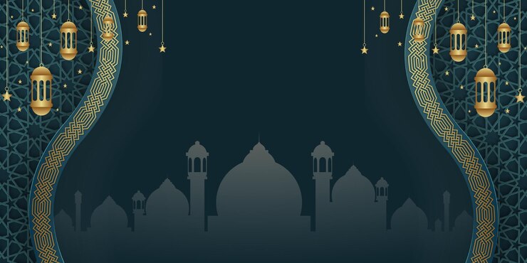 Elegante fondo de Ramadán con silueta de mezquita y linternas colgantes