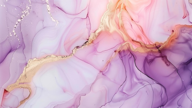 Elegante fondo de textura de tinta de mármol con suaves acentos púrpuras y doradas