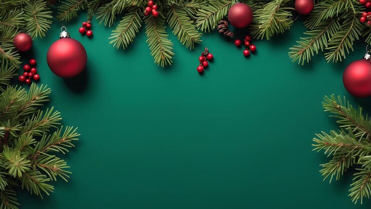 Elegante fondo verde oscuro con hojas de árbol de Navidad adornos y espacio para texto para volantes de vacaciones