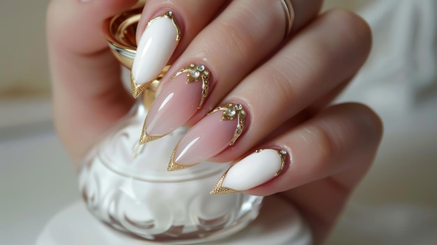 Elegante fotografia de nail art com tons de rosa-esverdeado profundo.