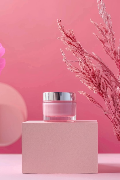 Elegante frasco de cosméticos con hierba rosa de la pampa sobre un fondo pastel