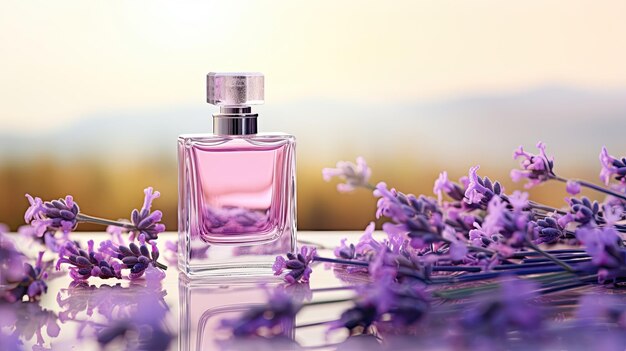 Elegante frasco de perfume minimalista con elementos florales de lavanda.