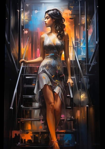 Elegante Frau im Abendkleid steht auf der Treppe
