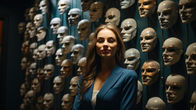 Foto elegante frau im blauen anzug steht unter verschiedenen masken an der wand