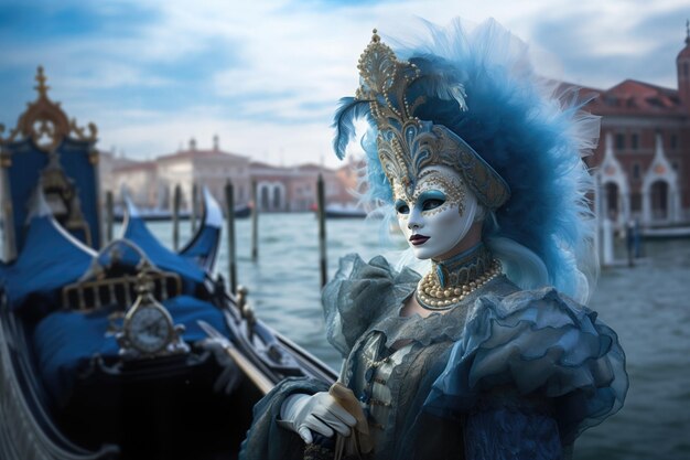 Elegante Frau in blauer Kleidung und italienischer Karnevalsmaske aus Venedig steht neben Gandola und Venedig