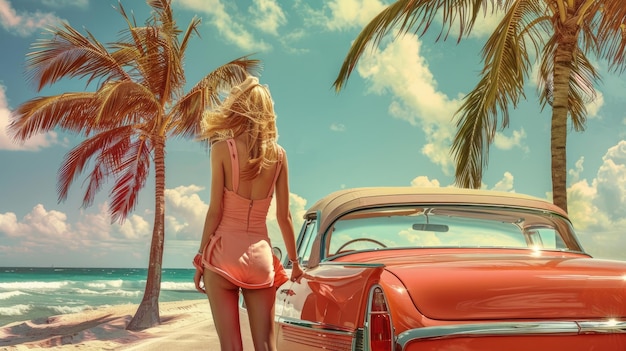 Foto elegante frau in rotem sundress, die sich auf ein vintage-cabriolet am sunny beach lehnt