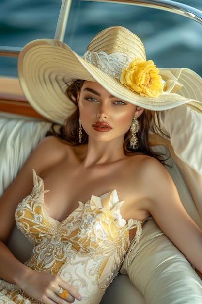Elegante Frau in stilvollem gelben Kleid und breitem Hut, die sich mit Serene auf einem Luxusboot entspannt
