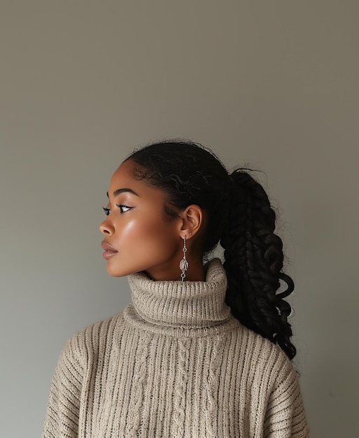 Elegante Frau in Turtleneck-Sweater vor neutralem Hintergrund Generative KI