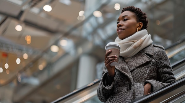 Elegante Frau in Wintermode betrachtet, während sie auf einer Rolltreppe in einem modernen Einkaufszentrum fährt.