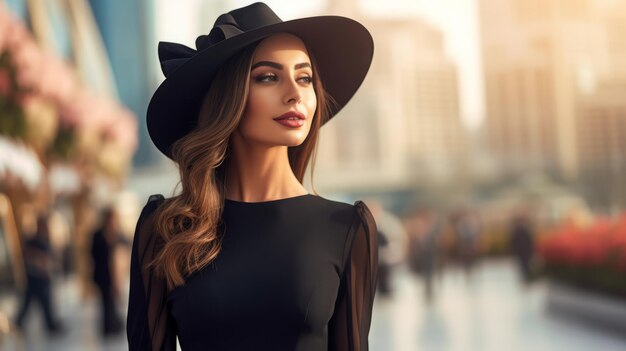 Foto elegante frau mit blick auf das stadtbild und stilvolle kleidung