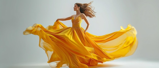 Elegante Frau tanzt, während sie im Wind in einem goldenen Seidenkleid schwebt Auf einem grauen Hintergrund ein atemberaubendes Modell in einem gelben Kleid schwebt eine freudige junge Frau in imaginären Kleidern