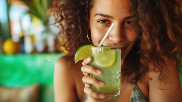 Elegante Frau trinkt eine Caipirinha