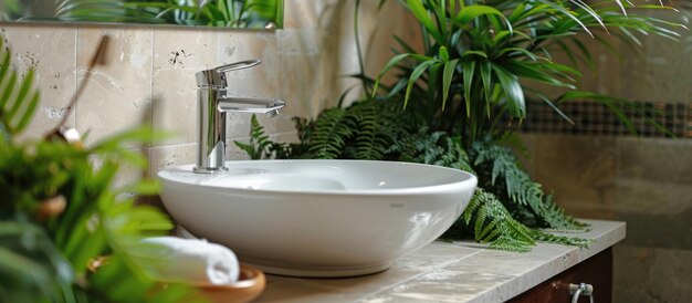 Elegante fregadero y atractivas plantas verdes de interior en un baño