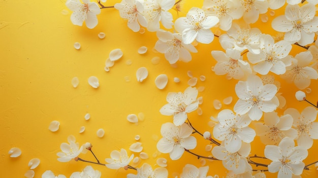 Elegante frühlingsweiße Blüten und Blätter auf einem leuchtend gelben Hintergrund künstlerisches Blumendesign für Karten und Grüße