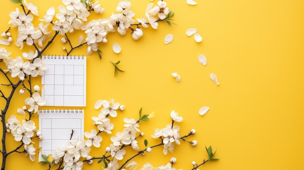 Elegante frühlingsweiße gelbe Blüten und Blätter auf einem leuchtend gelben Hintergrund mit Platz für einen Kalender künstlerisches Blumendesign für Karten und Grüße