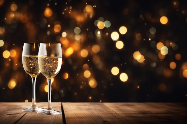 Elegante fundo de Ano Novo com copos de champanhe em uma superfície de madeira rústica cercada por luzes festivas em um desfocamento suave contra um fundo escuro