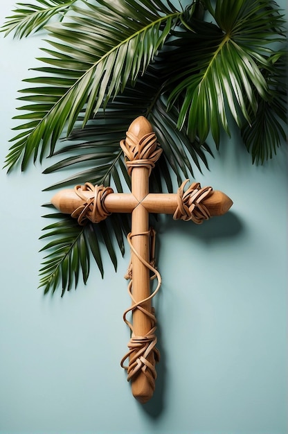 Elegante fundo de domingo de palmeira com cruz religiosa de madeira e folhas de palma