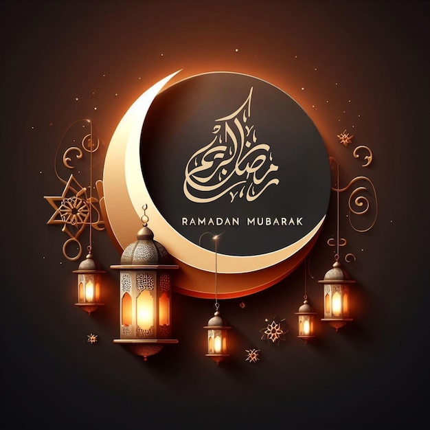 Elegante fundo Ramadan Mubarak com lanterna brilhante, lua e caligrafia árabe