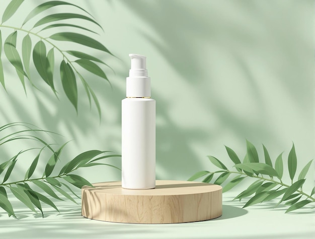 Elegante garrafa de cosméticos exibida com fundo de vegetação natural