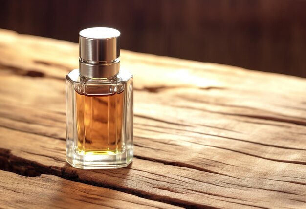 Foto elegante garrafa de perfume com fundo de madeira