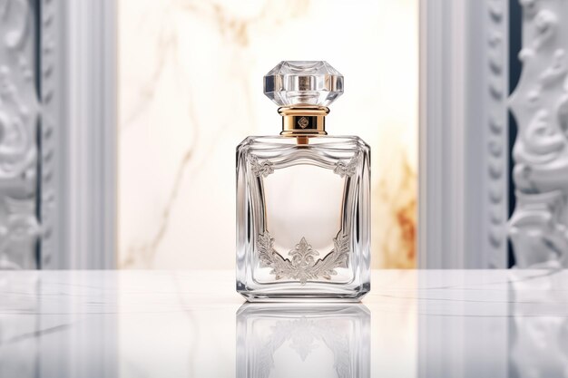 Elegante garrafa de perfume cristalina em uma superfície refletora com um ambiente luxuoso