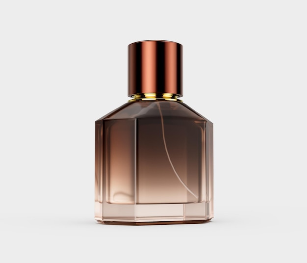 Elegante garrafa de perfume de vidro de cristal com tons de âmbar com uma tampa de cobre polido brilhante Ilustração 3D